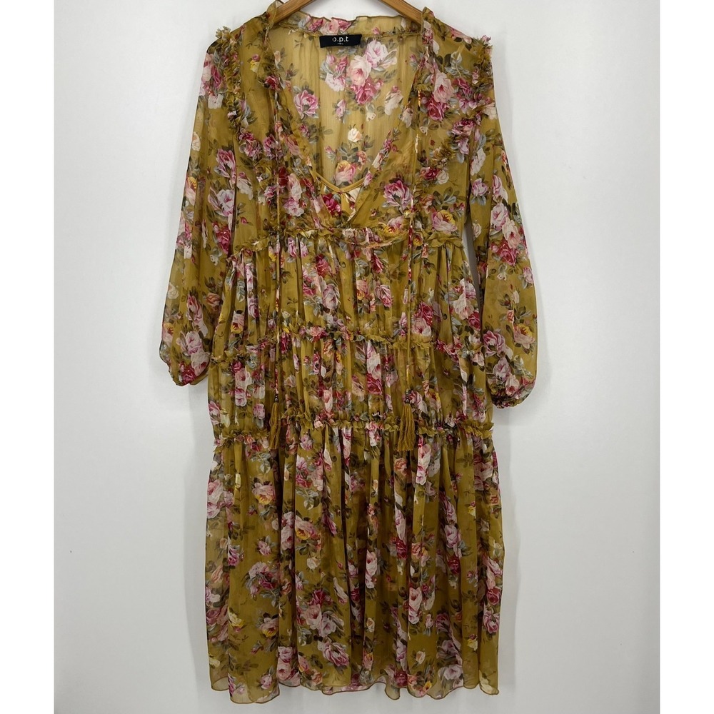 O.P.T. Felicity Tiered Midi Dress‎ Women's M Brown Floral Print Anthropologie